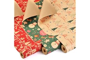 AhfuLife 3 Rolls Christmas Wrapping Paper for Gift, 17 Inch x 32.8 Feet Xmas Wrapping Paper Rolls Recyclable Kraft Paper for 