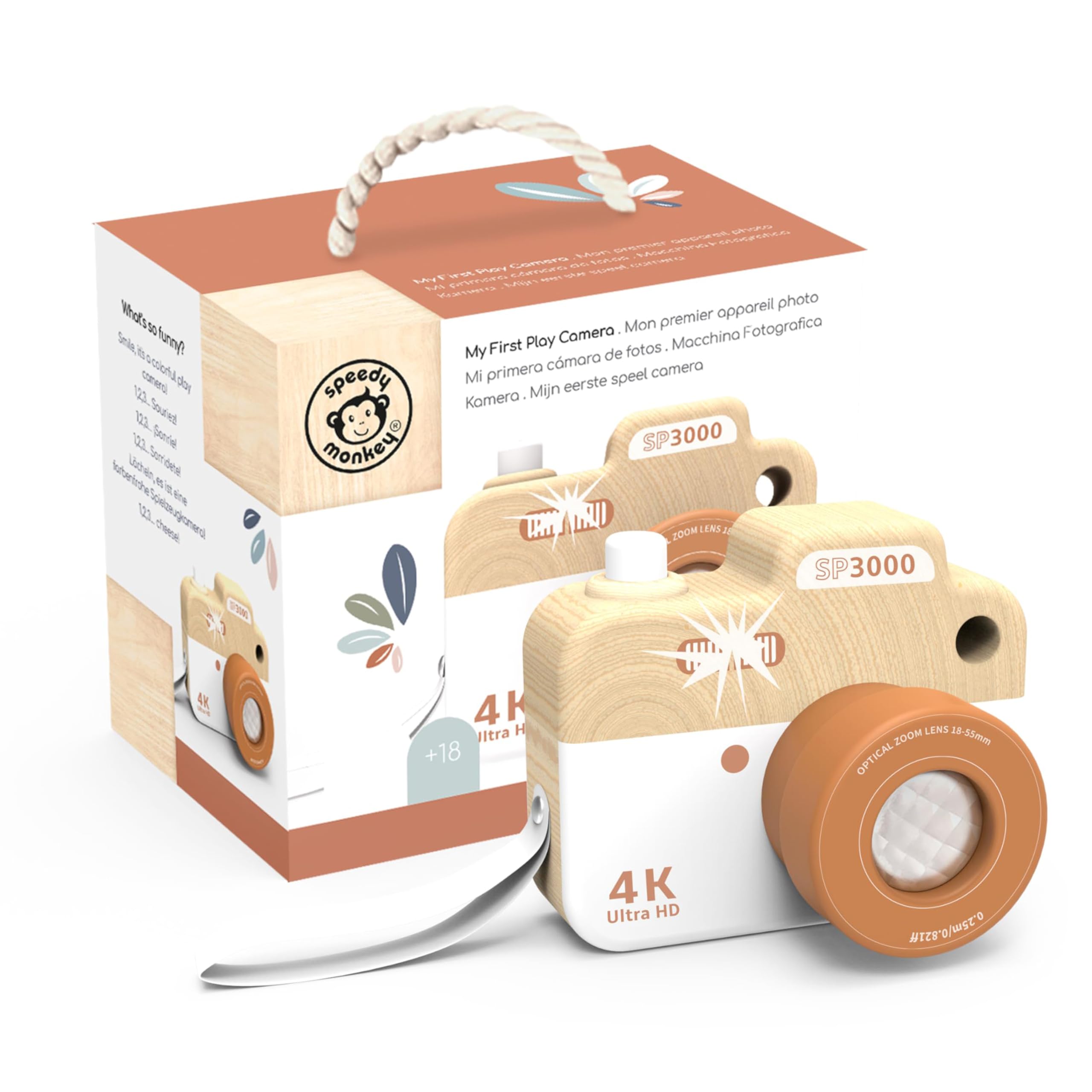SPEEDY MONKEY SP3000 Camera 9.9 x 6.7 x 8 cm, Colourful, Wooden Toy for Children, Loving Details, Great Gift Idea
