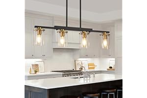 XvmBvm 4-Light Kitchen Island Lighting,Dining Room Lights Modern Farmhouse Chandelier with Clear Glass Shade,Modern Rustic Black and Gold Metal Chandelier, Kitchen Pendant Light Fixtures Over Table