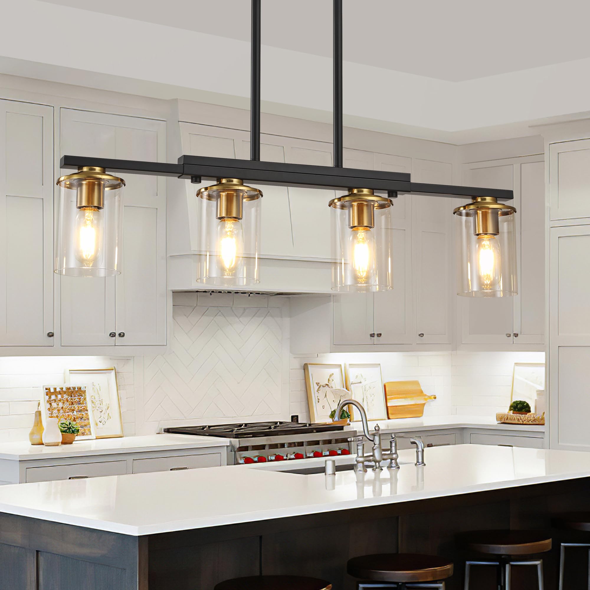 Photo 1 of XvmBvm 4-Light Kitchen Island Lighting,Dining Room Lights Modern Farmhouse Chandelier with Clear Glass Shade,Modern Rustic Black and Gold Metal Chandelier, Kitchen Pendant Light Fixtures Over Table1069521403