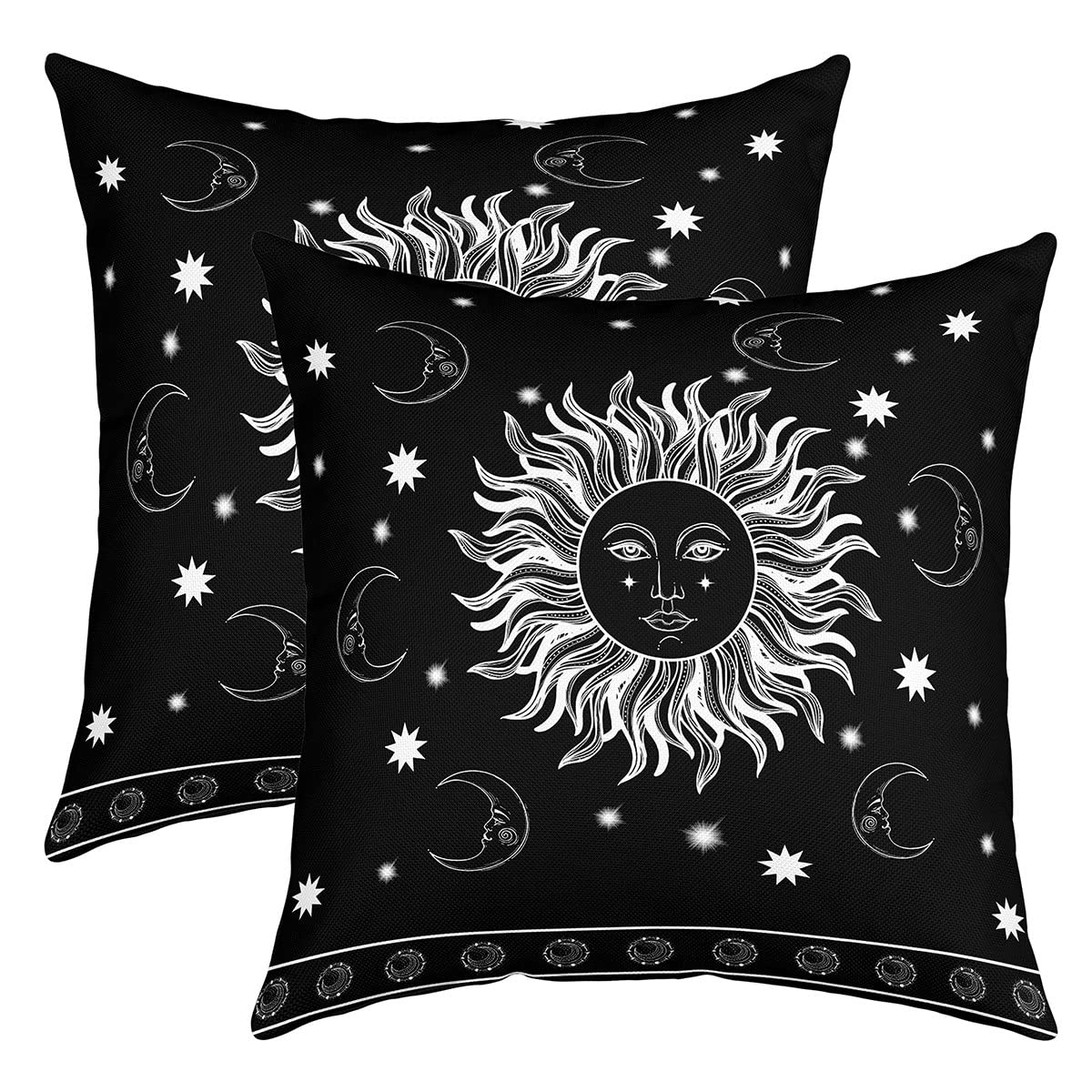 Sun Moon Throw Pillow Covers 16"x16" Set of 2 Soft Boho Exotic Pillow Cases Cushion Covers For Living Room Bedroom Bohemian Galaxy Black Astrology Space Decorative Throw Pillowcases for Sofa