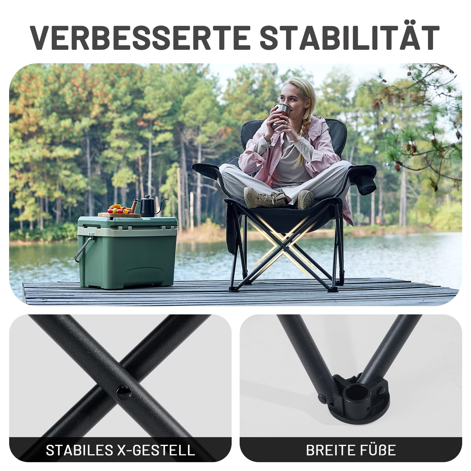 TIMBER RIDGE Campingstuhl Faltbar 180KG Rückenverstellbar in 3 Positionen Klappstuhl Gepolsterter Angelstuhl Übergroß Sitzbreite 62cm mit Seitentasche Getränkehalter 7