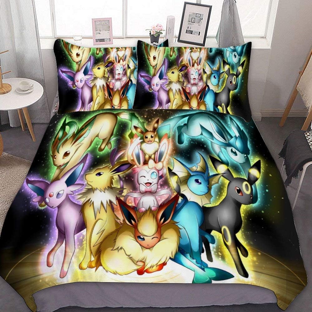 MEW Anime Twin Bedding Duvet Cover Set,Eeveelution,3 Pieces Bedding Set,with Zipper Closure and 2 Pillow Shams,Cute Boys Girls Comforter Sets,Luxury Guestroom Decorations