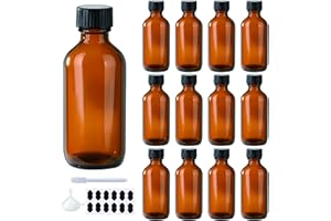 BPFY 12 Pack 2oz Amber Boston Glass Bottle With Black Poly Cap, Funnel, Chalk Labels, Pen Dispensing Bottles for Homemade Vanilla Extract, Essential Oils, Herbal Medicine, Wedding Christmas Decor