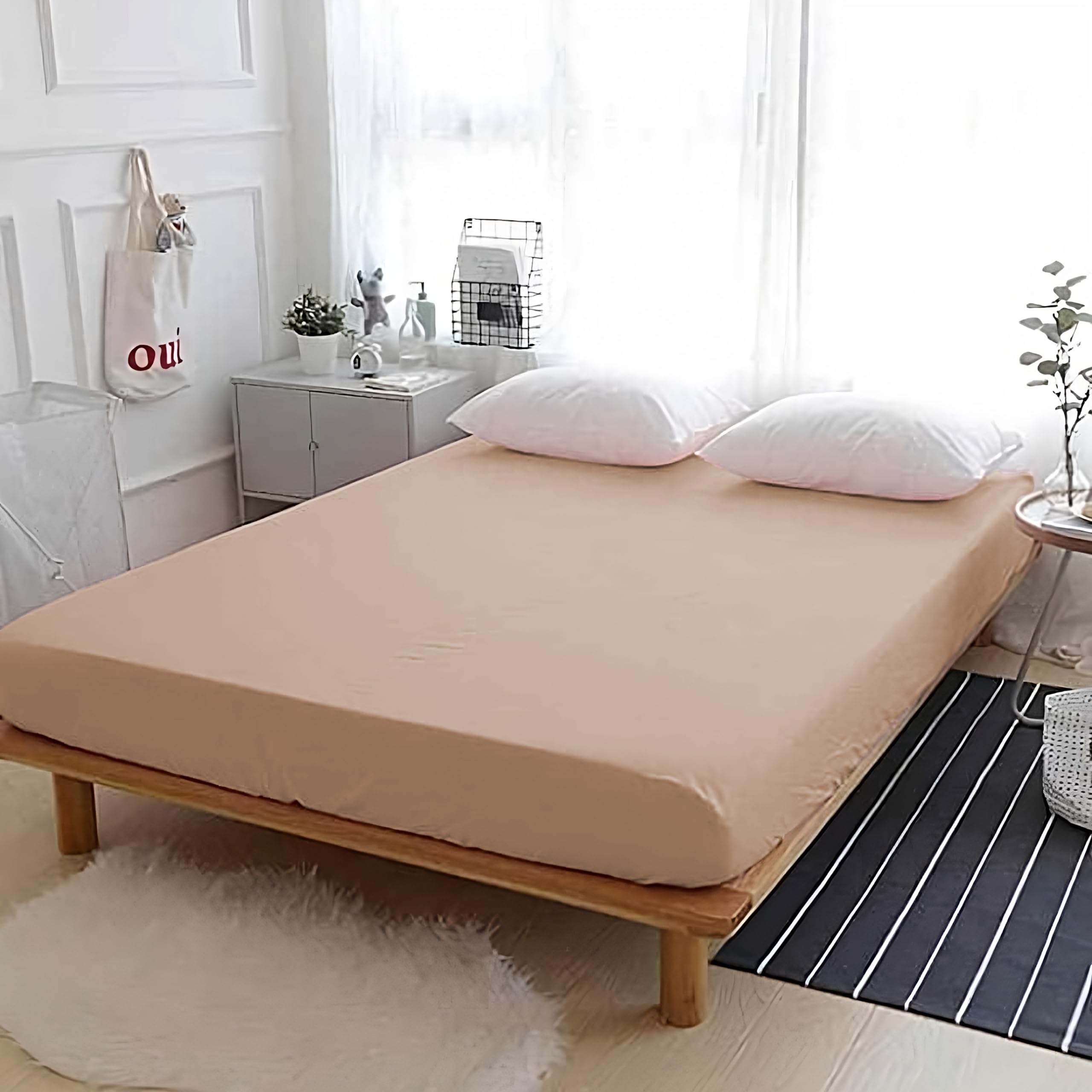 APEX FURNISHINGS Double Fitted Sheet, Beige, 100% Egyptian Cotton deep fitted sheets double bed 300 Thread Count 300 TC Easy Care, Breathable Bed Sheets (140x190cm)