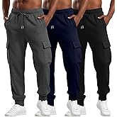 August Alley 3 Pack Men's Cargo Sweatpants Relaxed Fit Drawstring Elastic Waist Joggers Active Tapered Pants with Pockets