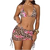 Verdusa Women's 4 Piece Cheetah Print Triangle Thong Bikini with Sheer Overlay Cheeky Swimsuit with Skirt and Bandana