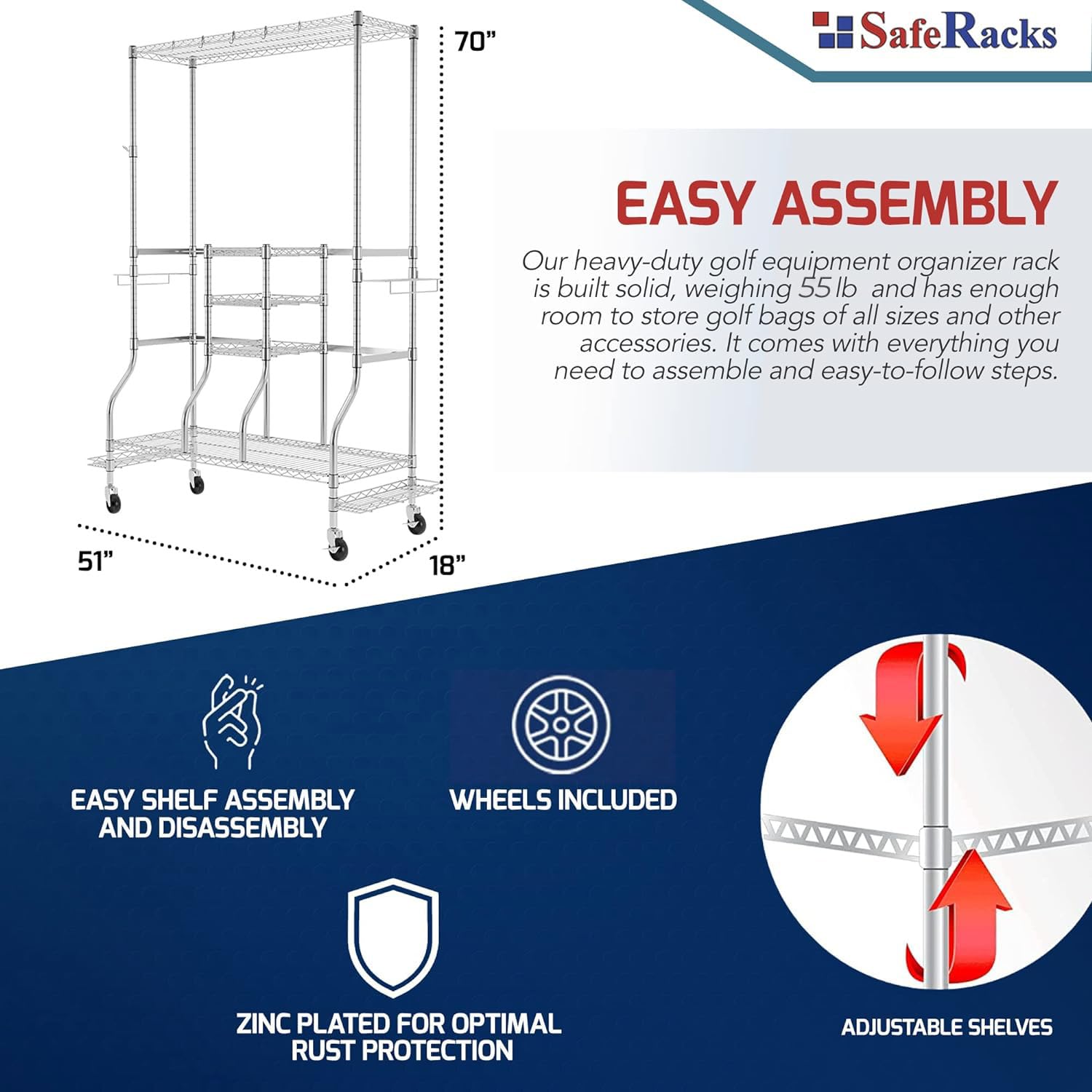 SafeRacks Golf Equipment Organizer Rack, Golf Bag Storage Rack for