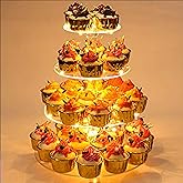 YestBuy 4 Tier Round Cupcake Stand, Cupcake Holder, 4 Tier Cupcake Tray, Acrylic Cake Tower Stand Display for Pastry + LED Light String, Ideal for Weddings, Birthday Parties (Yellow)