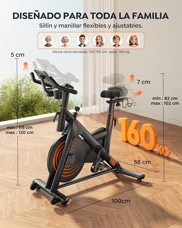 Bicicleta Estática para Casa con APP, Bicicleta estatica Silenciosa con Resistencia Magnética 0-100%, Pantalla LCD, Soporte para Mancuernas y Portavasos, Volante 15 KG, MAX 160KG verde