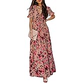 BLENCOT Womens Casual Boho Floral Printed V Neck Short Sleeve Long Evening Dress Ruched Cocktail Party Maxi Wedding Dress