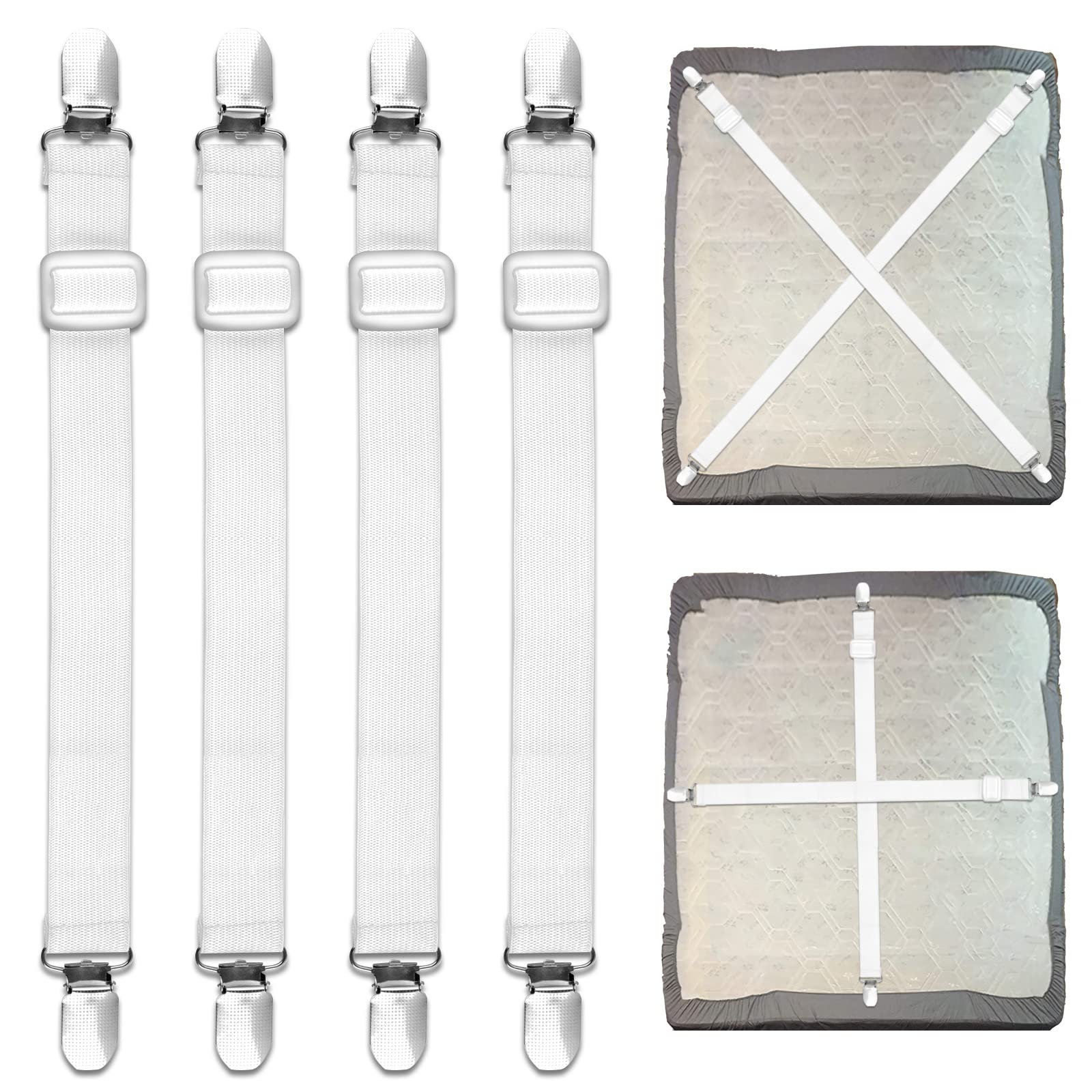 SUNRIZ Bed Sheet Clips, 55 cm-250 cm Adjustable Bed Sheet Straps, Upgraded Elastic Sheet Fasteners for Bedding, Fitted Bed Sheet Grippers to Keep Your Sheets in Place,4Pcs