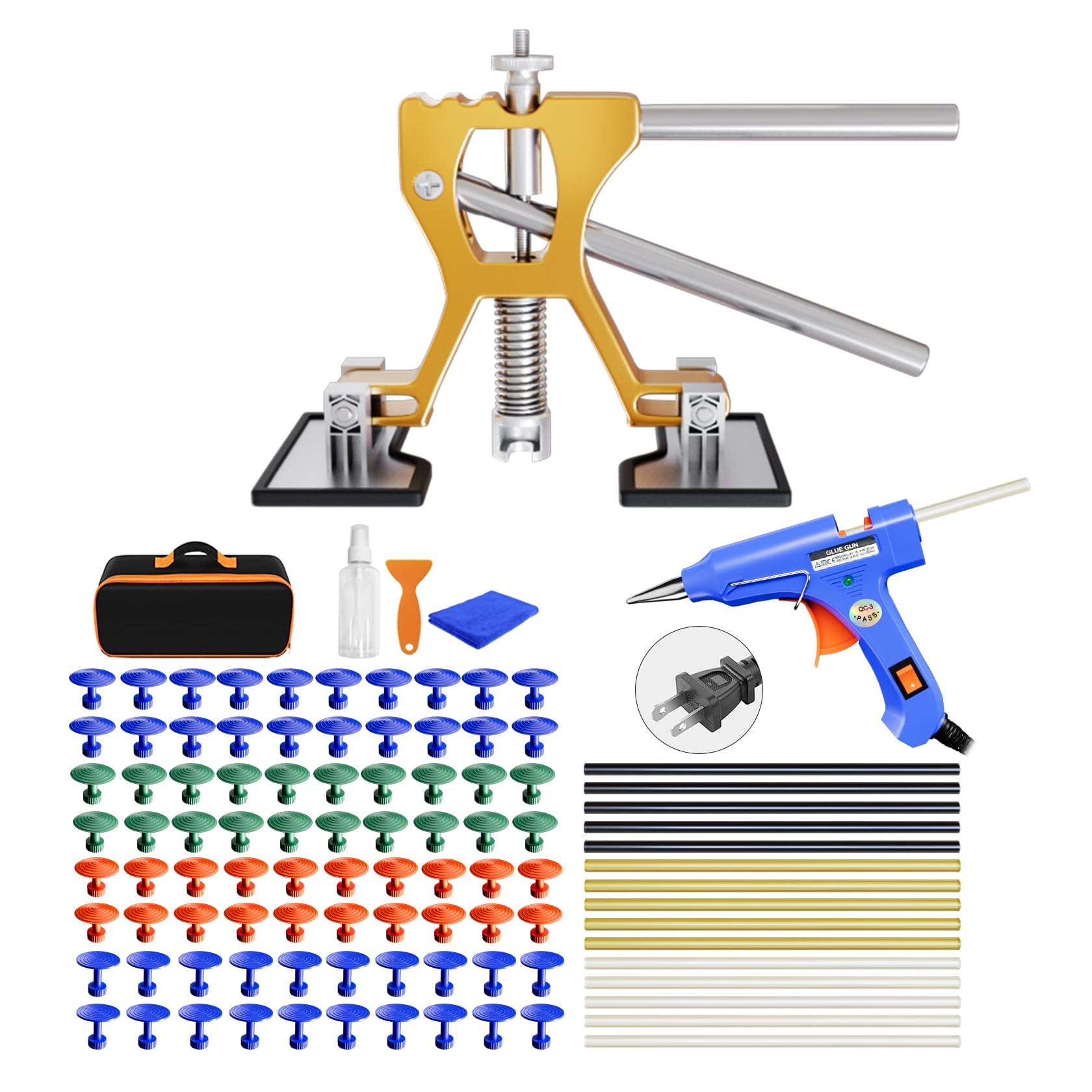 Photo 1 of TUOSHUNGE YD0B3 Auto Dent Puller Kit Golden Lifter & Glue Gun, with 80PCS Tabs for Small Ding Hail Dent Removal, Adjustable Width Dent Remover Tools for Automobile Body Motorcycle Refrigerator