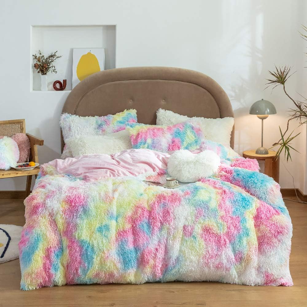 SUCSES Plush Shaggy Bedding Set Twin Size (1 Faux Fur Duvet Cover + 2 Pillow Shams