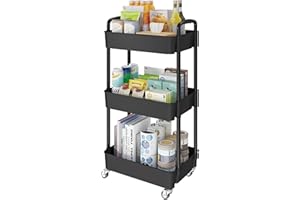 Laiensia 3-Tier Kitchen Storage Cart,Multifunction Utility Rolling Storage Organizer,Mobile Shelving Unit Cart with Lockable Wheels for Bathroom,Laundry,Living Room,With Classified Stickers,Black