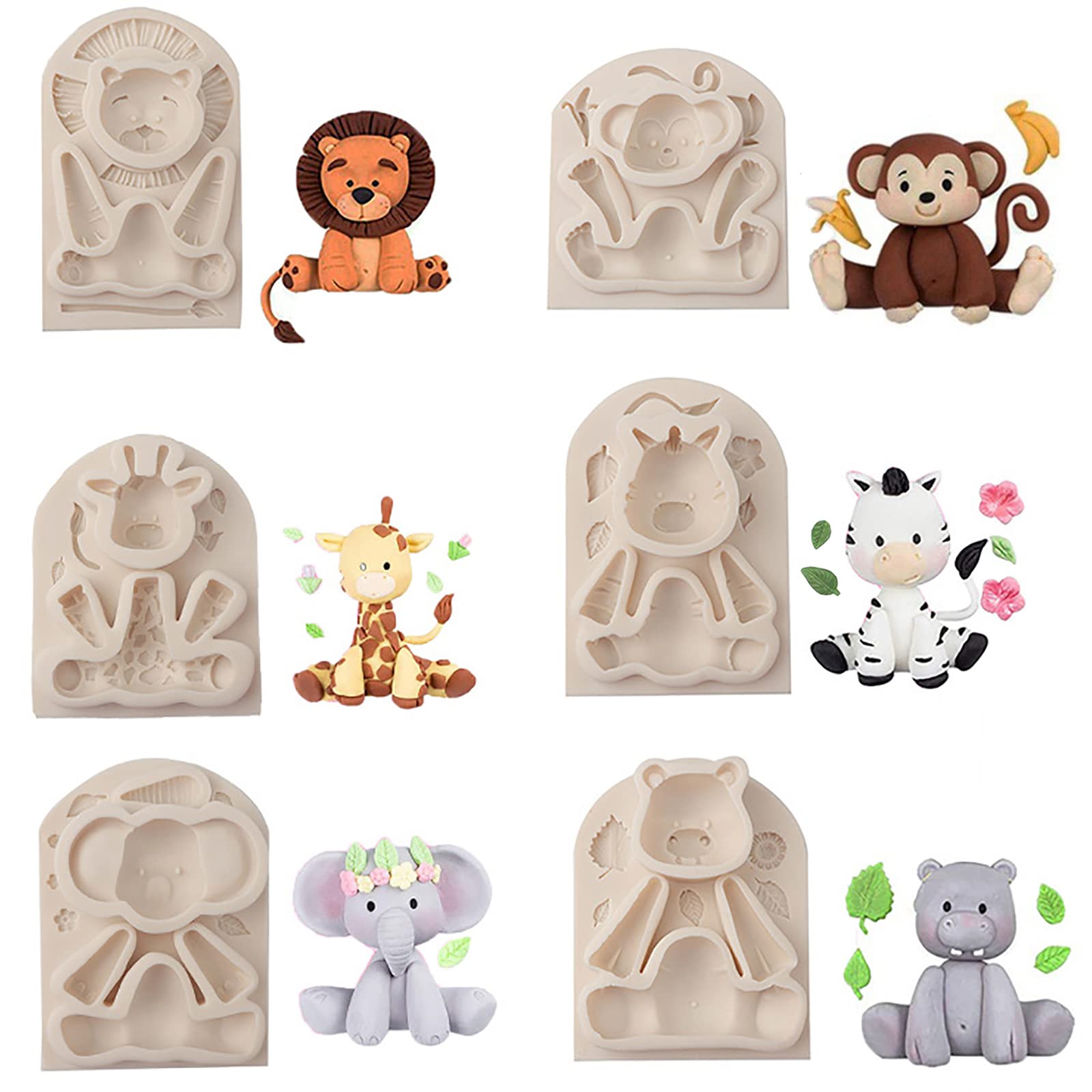6 Pieces Silicone Jungle Animals Cake Fondant Mold Sugarcraft Decorating Chocolate Baking Mould Tool Clay Craft Pastry Baby Shower Party Cupcake Decor Molds