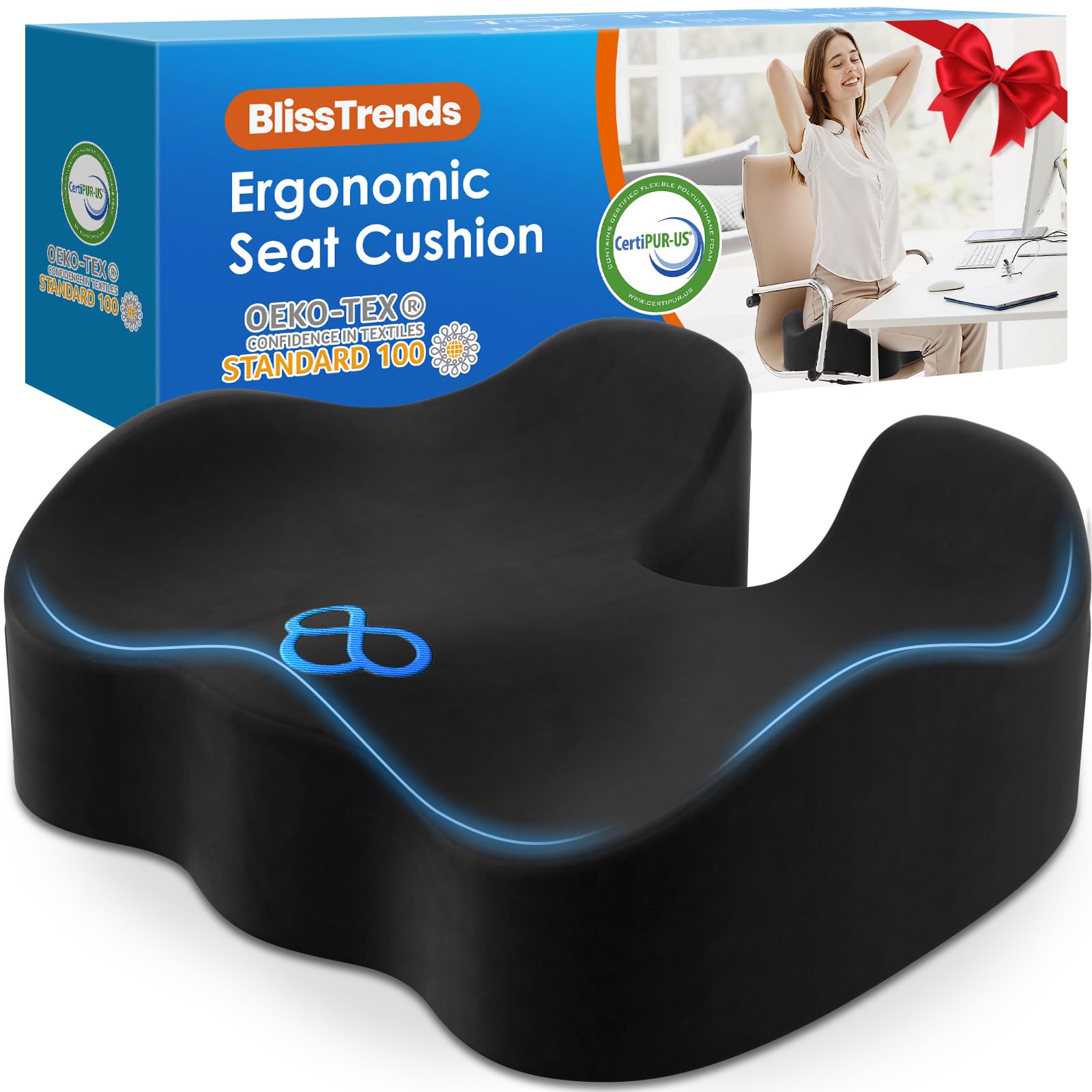 BlissTrends Thick Seat Cushion for Office Chair & Car Seat, XL, Black