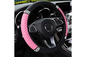 QIANG KUN Bling Leather Steering Wheel Cover, Rhinestones 15 Inch Colorful Auto Steering Wheel Protector, Sparkly Crystal Diamond for Women Girls Most Cars (Pink)