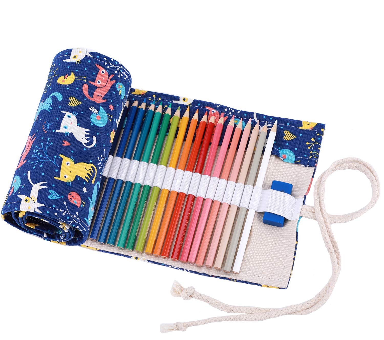 Amoyie Roll Up Pencil Case for 36 Coloured Pencils, Foldable Colouring Pen Organiser Bag, Canvas Coloring Pens Holder, Artist Wrap, Blue Cat