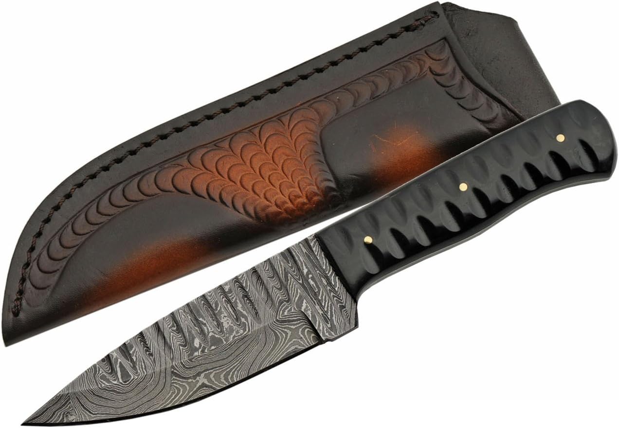 SZCO Supplies Damascus Steel Horn Shark Tooth Knife Hunting Knife