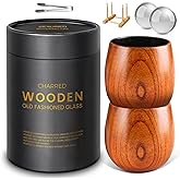 GENUINED Large Charred Wooden Whiskey Glasses Set of 2, Bourbon Gifts for Men, Anniversary, Birthday Gifts, Old Fashioned Wooden Smoked Bourbon Drinking Glass
