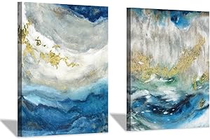 HARDY GALLERY Abstract Painting Canvas Wall Art: Blue Picture Hand Painted Artwork for Living Room (24'' x 18'' x 2 Panels)