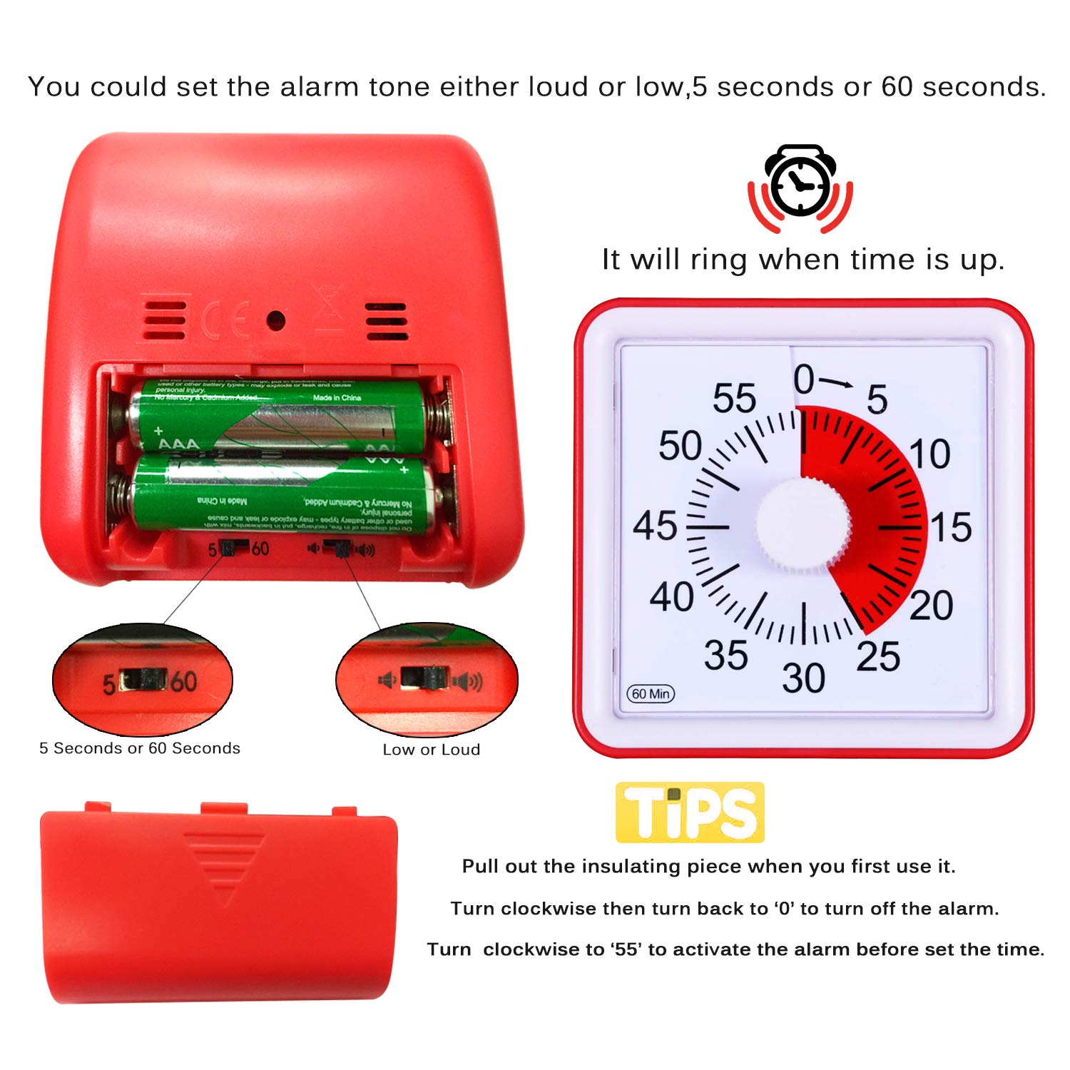 Yunbaoit Visual Analog Timer,Silent Countdown Clock, Time Management Tool for Kids and Adults … (Red)