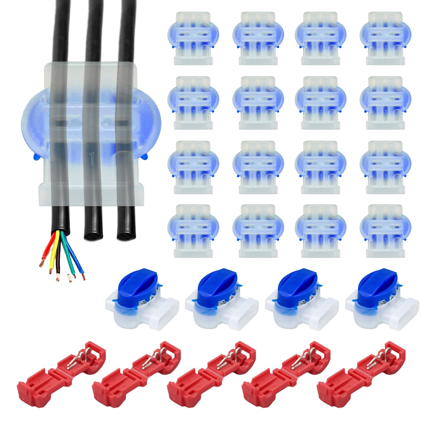 Divono 20 Pcs Lawn Mower Cable Connectors, Waterproof Wire Connectors, Durable Electrical Wire Connectors with 5 Red Connection Clamps, for Robotic Lawn Mowers, Irrigation Applications