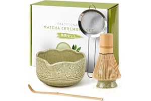 KRISPMAILD 5Pcs Matcha Whisk Set, 18OZ Bowl With Spout, Japanese Ceremony Matcha Whisks Kit, 100% Natural Bamboo Whisk, Ceramic Whisk Holder (Green), Stainless Sifter, Tea Scoop, Gift for Matcha Lovers Beginner