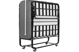 DICTAC Folding Bed with Mattress 75x38 Twin Size Bed Frame Portable Foldable Guest Beds for Adults Rollaway Beds with Wheels Fold up Beds with Metal Slats- 5'' Luxurious Memory Foam Mattress