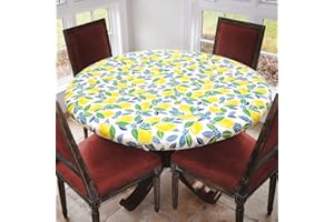 Covers For The Home Deluxe Elastic Edged Flannel Backed Vinyl Fitted Table Cover - Contemporary Lemon Pattern - Large Round - Fits Tables up to 45" - 56" Diameter