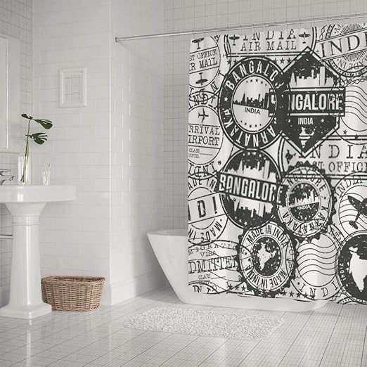 Amazon Com Kuizee Shower Curtain Waterproof Bangalore India Stamps Retro Bath Curtains Polyester Decor Bathroom 66x72inch Water Repellent Bath Curtain Easy Install Home Kitchen