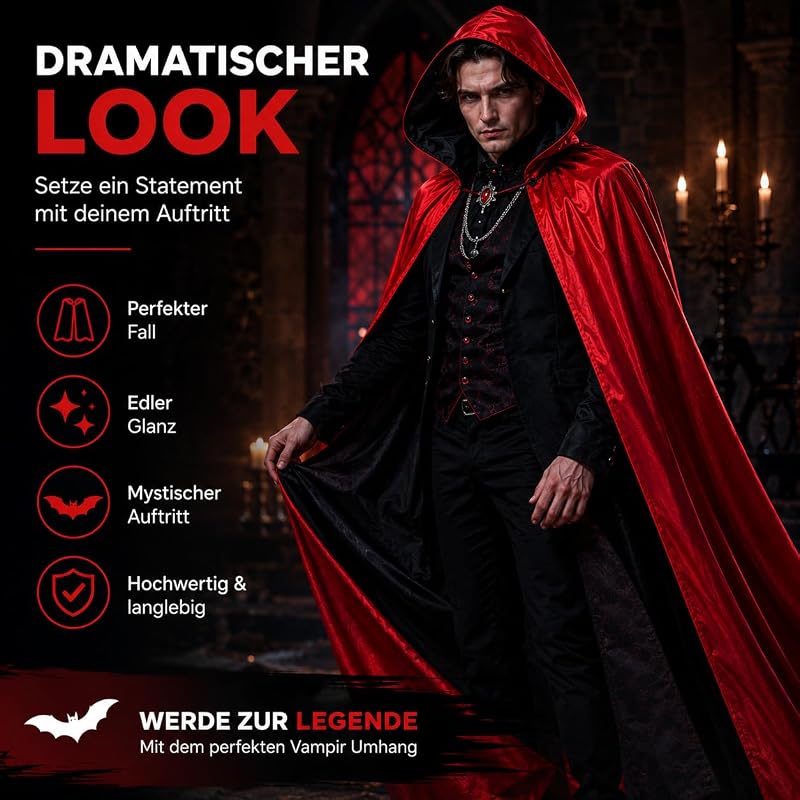 Umhang rot & schwarz mit Kapuze - für Halloween & Fasching & Karneval Vampir Kostüm für Kinder & Erwachsene, Beidseitig — Foto 6 von 8