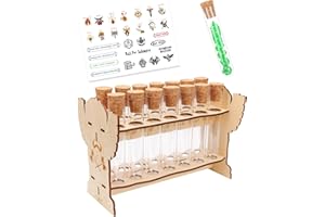 CZYY Dice Potion Flasks with Display Rack Gift Set – 14 Plastic Tubes with Cork Stoppers & Stickers for RPG Gamer, DM, Dice Goblin – Fantasy Storage for Tabletop Play & Game Room Decor (Wood Rack)