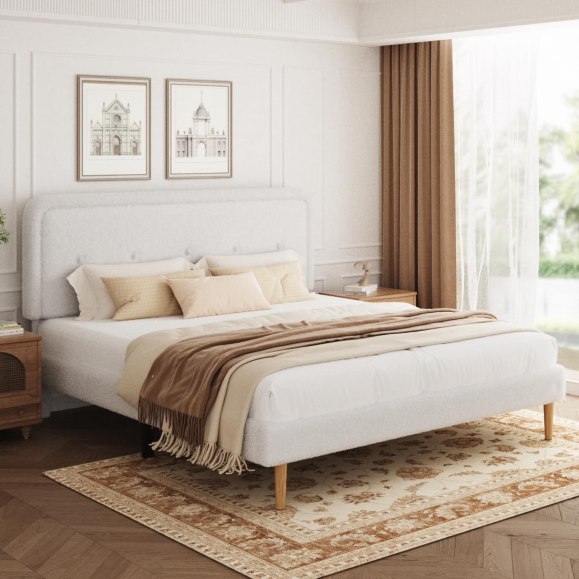 Photo 1 of viplov King Size Boucle Bed Frame, Upholstered Platform Bed Frame with Adjustable Headboard, Anti-Collision Soft Rounded Corners, No Box Spring Needed, Easy Assembly, Noise Free, White