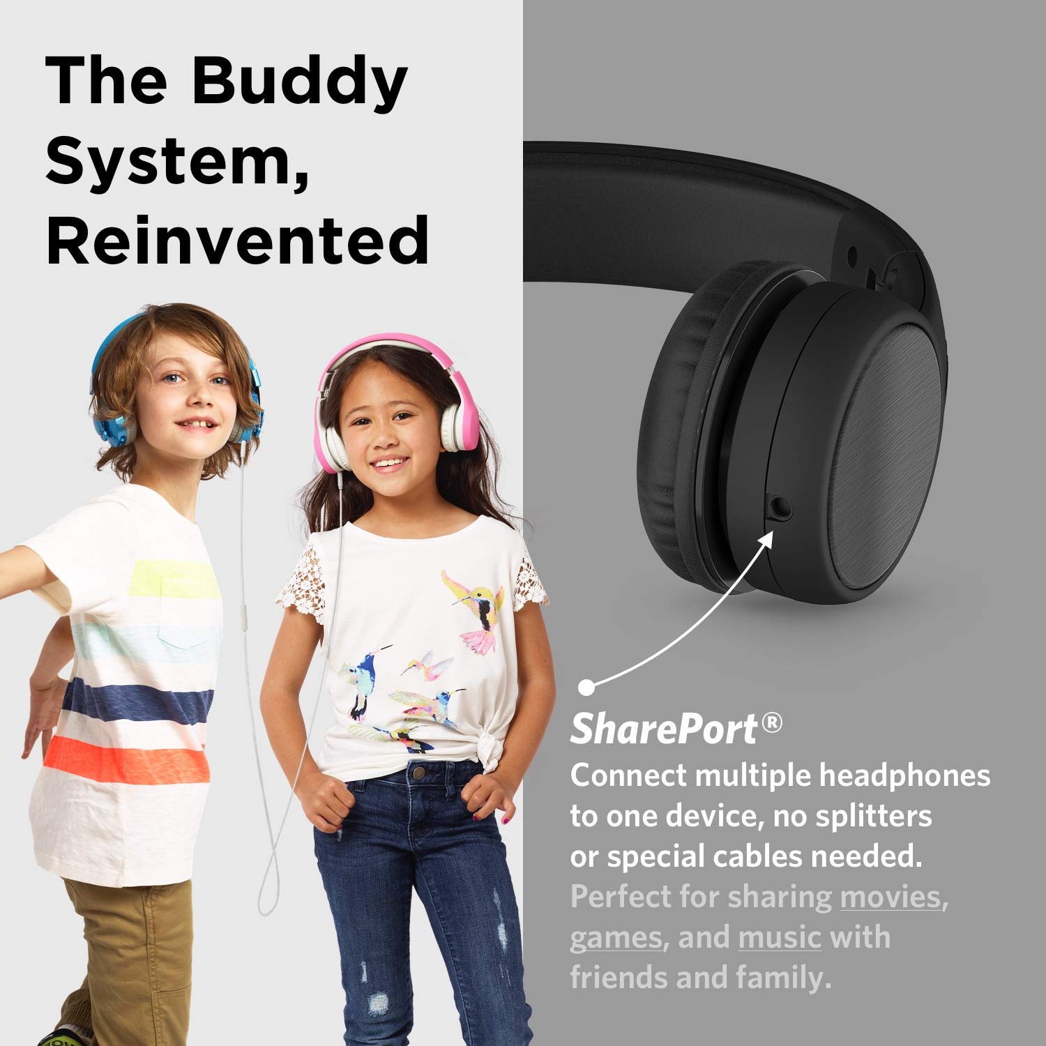 LilGadgets Connect+ Style Wired Black Headphones for Kids with SharePort® Technology, Child-Friendly Foldable On-Ear Headset with Built-in Microphone, Designed to be Comfy Black Car Headphones, Black