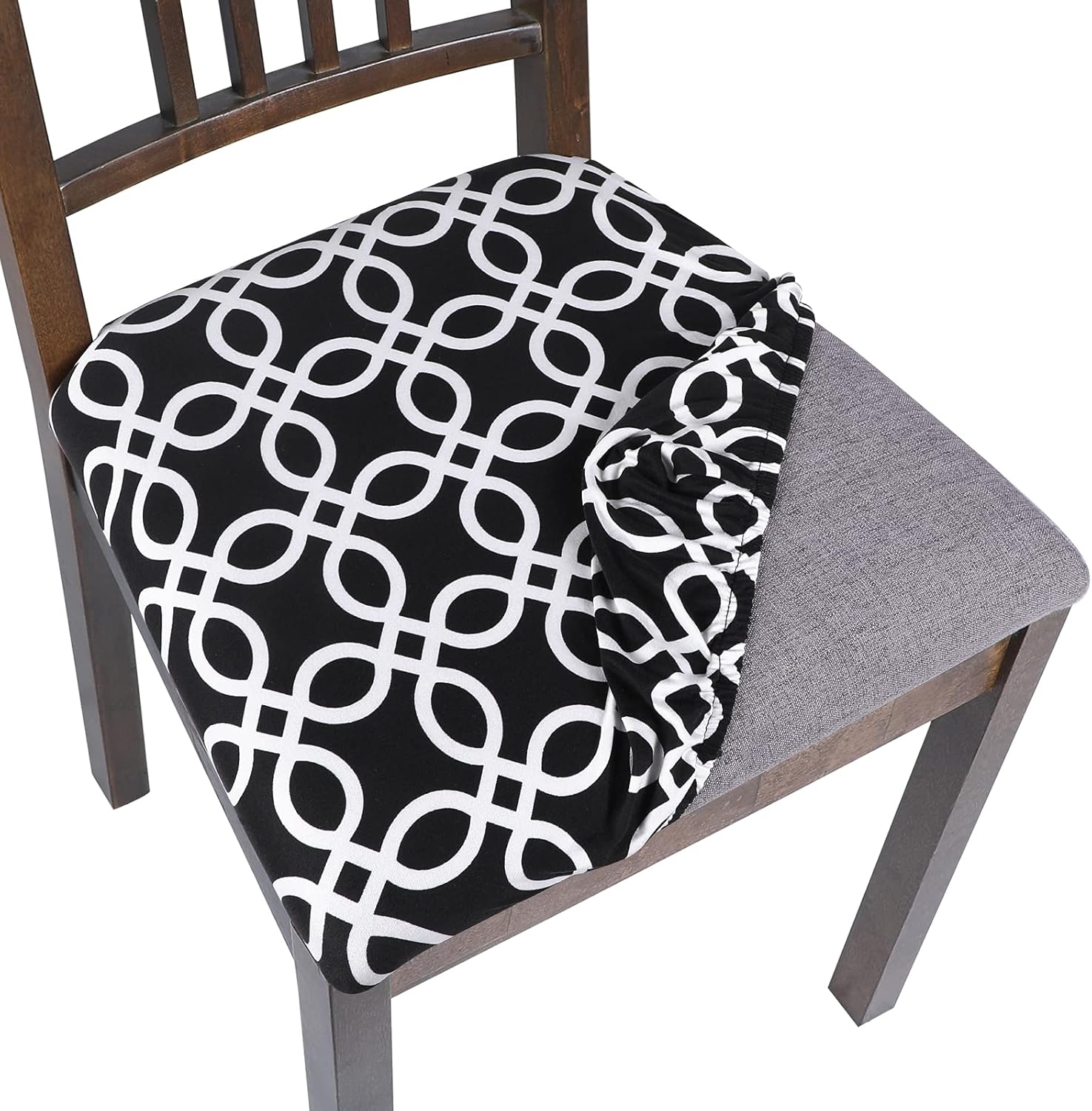 Slipcovers - SearchI Seat Covers for Dining Room Chairs Stretch Printed Chair Seat Covers Set of 4, Removable Washable Upholstered Chair Seat Protector Cushion Slipcovers for Kitchen, Office(Black)
