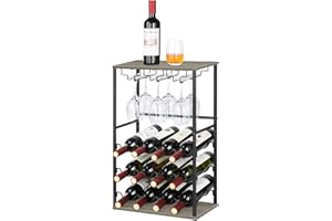 NANANARDOSO Floor Wine Rack, Small Wine Cabinet with GlassBottle Holder, Liquor Rack with Metal and Wood Industrial for Home, Wine Stand for Kitchen Dining Room