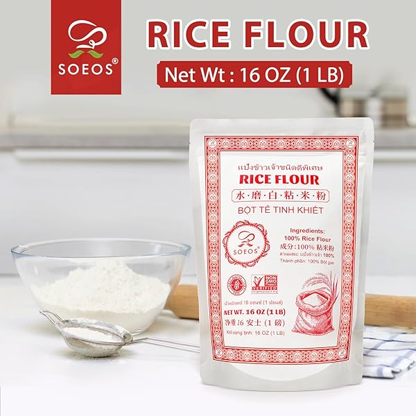 SOEOS RICE FLOUR 16 OUNCE (BASIC), 1 POUND (PACK OF 1) , RICE FLOUR FOR BAKING OR COOKING WITH RESEALABLE BAG, ALL NATURAL FOR SOURDOUGH BREAD, VEGAN, GLUTEN-FREE