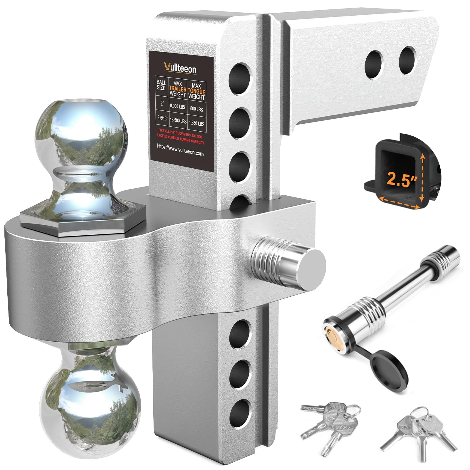 Photo 1 of Drop Hitch for 2.5 Inch Receiver, Vullteeon 8 Inch Adjustable Trailer Hitch Ball Mount, 18,500 LBS GTW, (2" & 2-5/16") Chrome Plated Steels Balls, Aluminum Tow Hitches with Two Anti-Theft Pins Locks