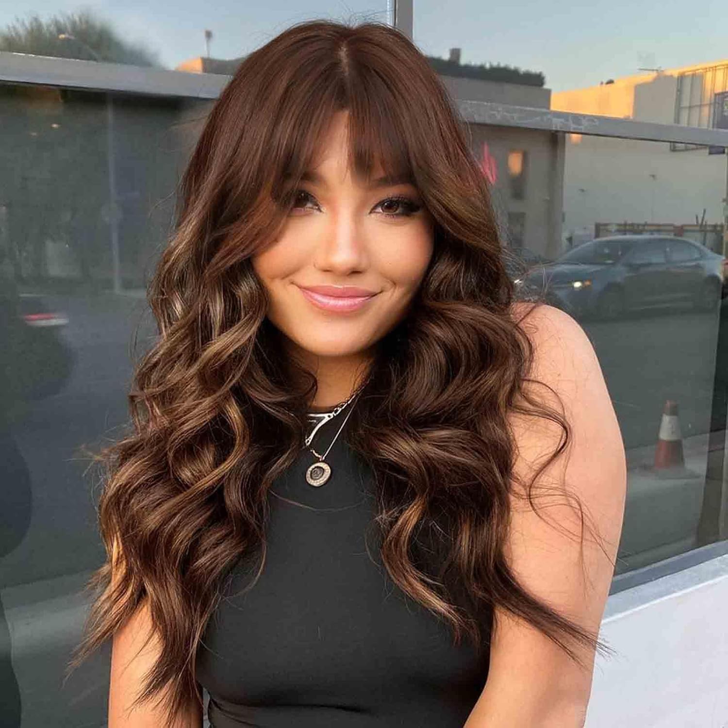 PORSMEER Long Wavy Ombre Brown Wigs with Fringe for Women 26 Inches Long Curly Wavy Synthetic Resistant Hair Wigs for Daily or Party Use (Ombre dark brown) — image 1