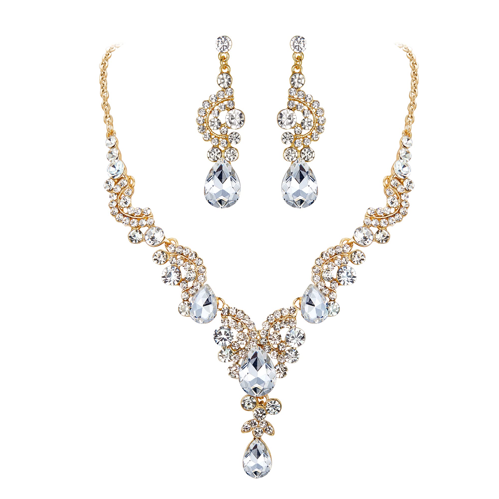 Ever Faith Jewellery Sets for Women Wedding Rhinestone Crystal Floral Wave Teardrop Necklace Earrings Set for Brides Bridal Clear Gold-Tone