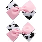 2PC Cow Print Hair Bow Clips 4 Inch Pink Cowgirl Pigtail Bows Farm Party Hair Accessories