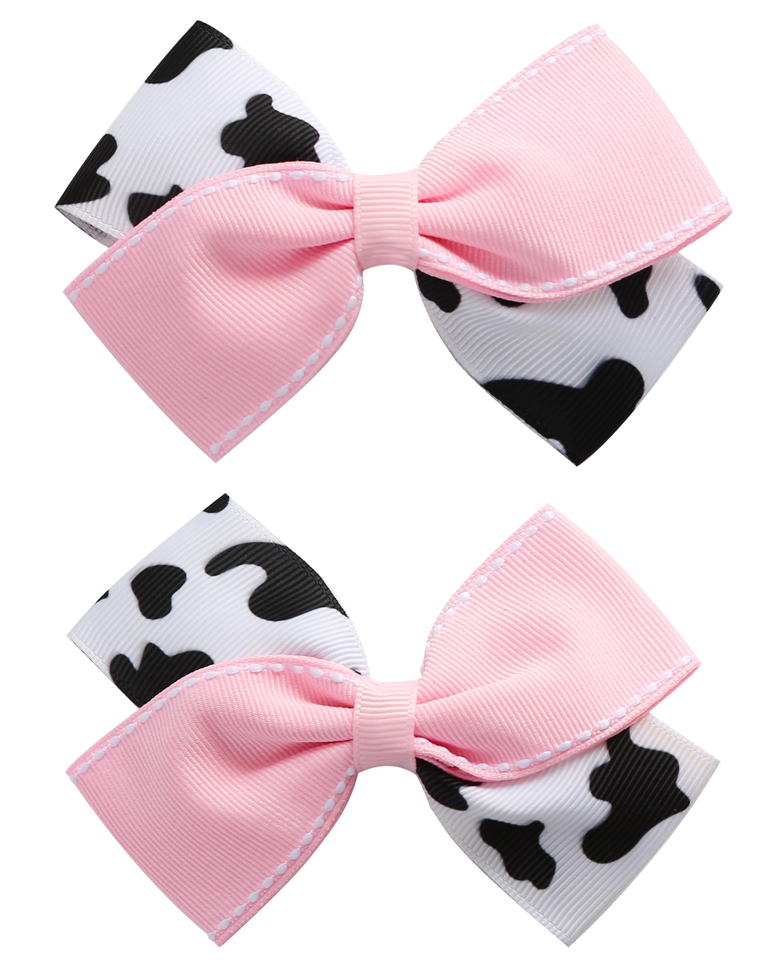 Photo 1 of 2PC Cow Print Hair Bow Clips 4 Inch Pink Cowgirl Pigtail Bows Farm Party Costume Hair Accessories