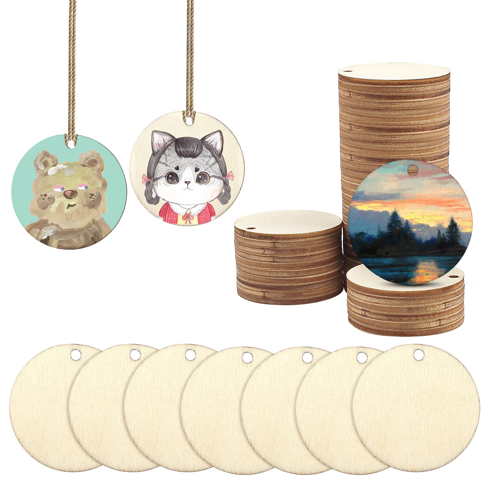 wocpvm 100 Pcs Wooden Discs - Round Wood Slices with Holes, 4cm
