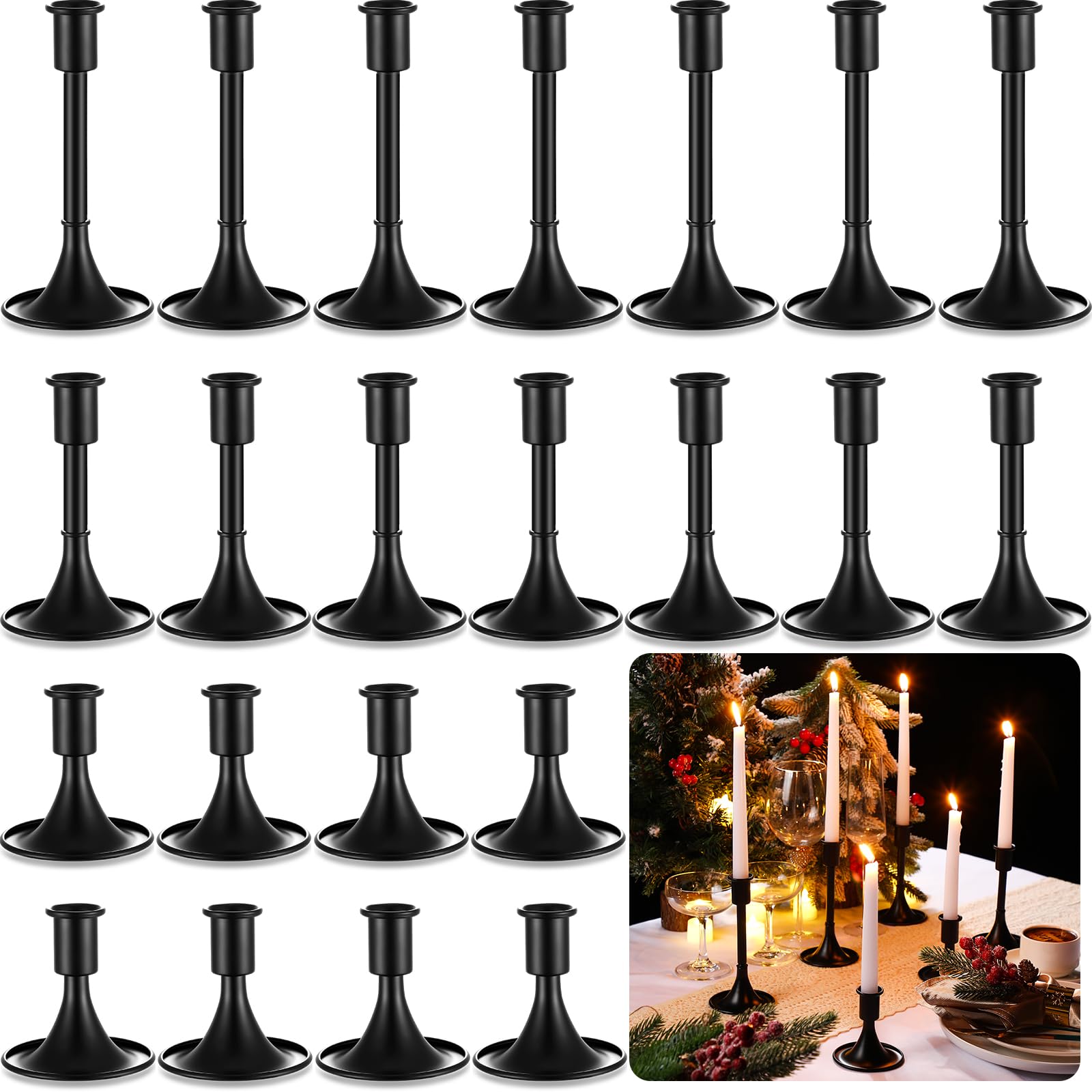 Photo 1 of Layhit 24 Pcs Halloween Elegant Candle Holders, Matte Retro Aluminum Alloy Candlestick Holders in Various Heights 3.3" 5.5" 6.3" for Wedding Table Centerpiece, Party, Holiday Decorations(Black)