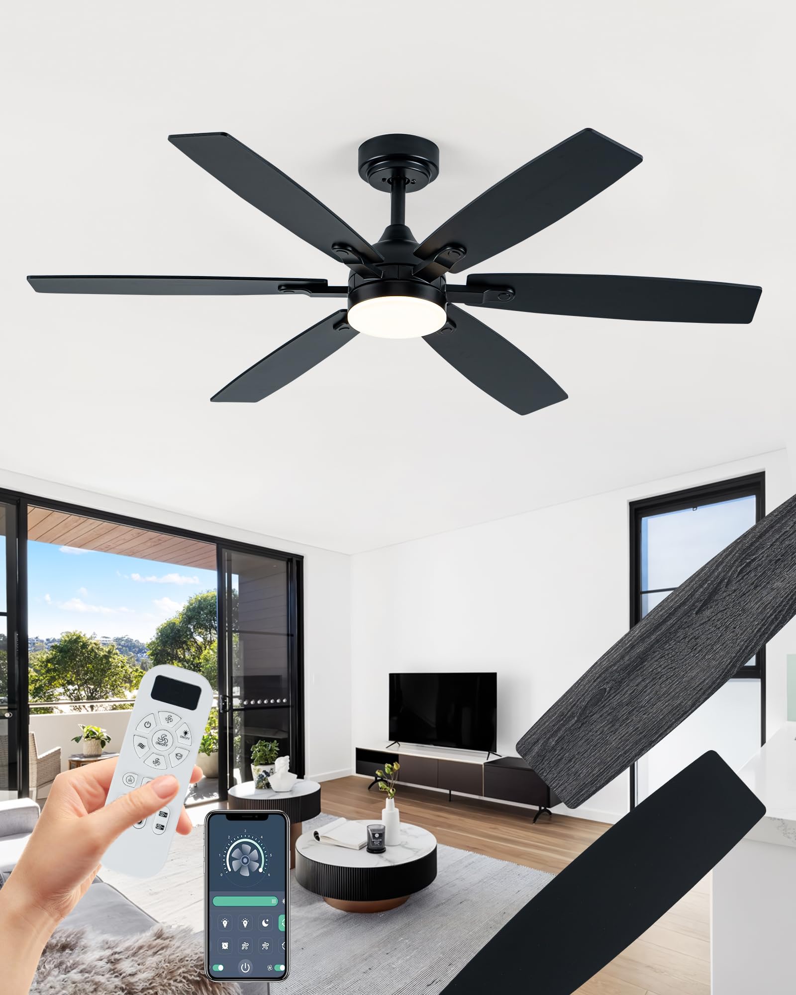 Photo 1 of Coolwind 52" Ceiling Fan with Light, Black 6 Double-Side Blades and App/Display Remote Control, 6 Speed Reversible DC Motor, 3CCT Dimmable Led Flush Mount Ceiling Fan for Bedroom Indoor/Outdoor Use