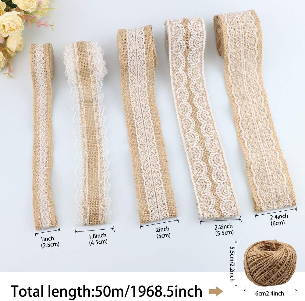 GUIFIER Burlap Hessian Flowers Set, 24 Burlap Flowers, 5 Lace Ribbon Rolls, 1 Twine Ribbon - Image 5
