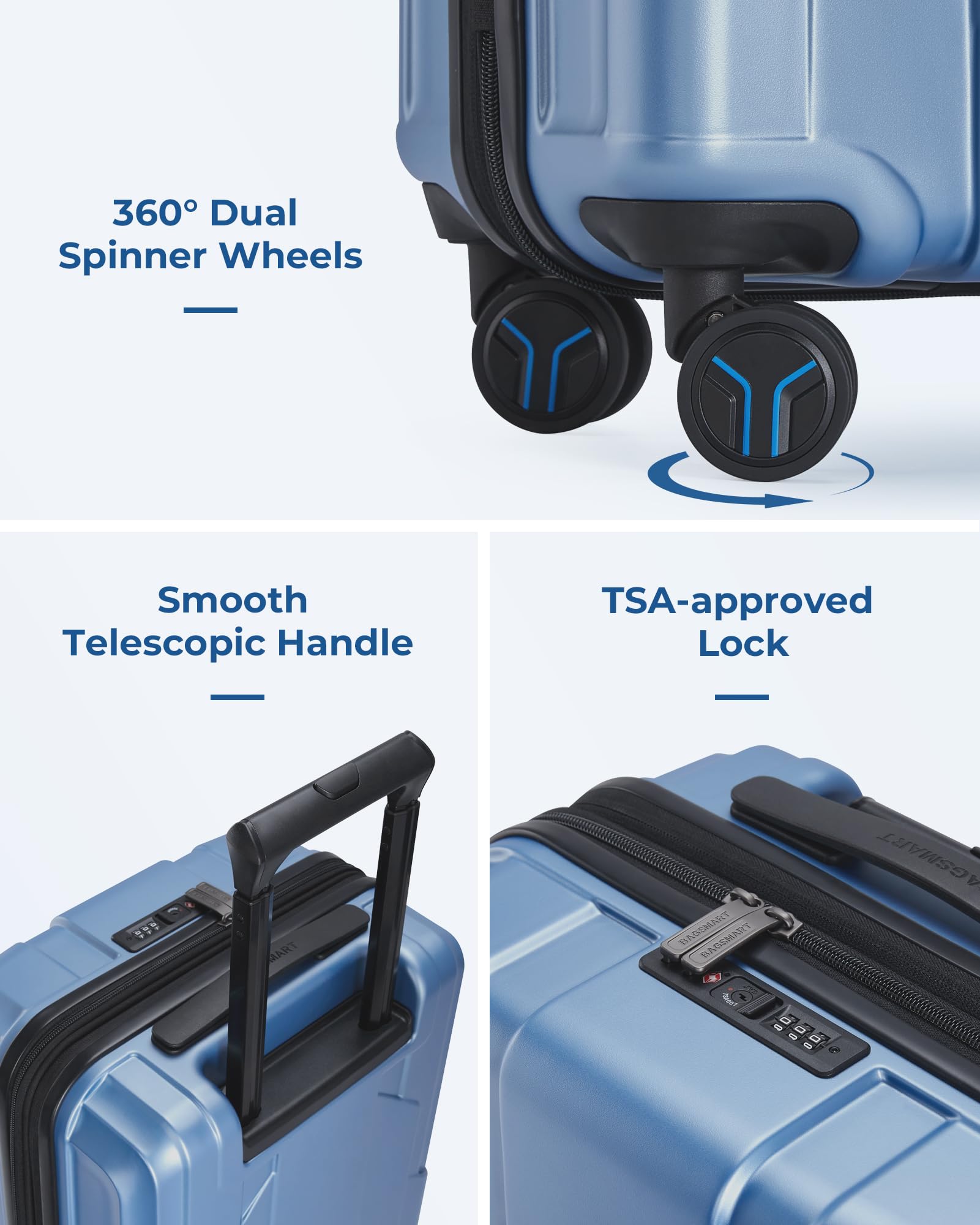 BAGSMART Carry On Luggage 22x14x9 Airline Approved, 1OO% PC Hardside Expandable Luggage with TSA Lock, 20 Inch Travel Suitcase with Spinner Wheels, Blue