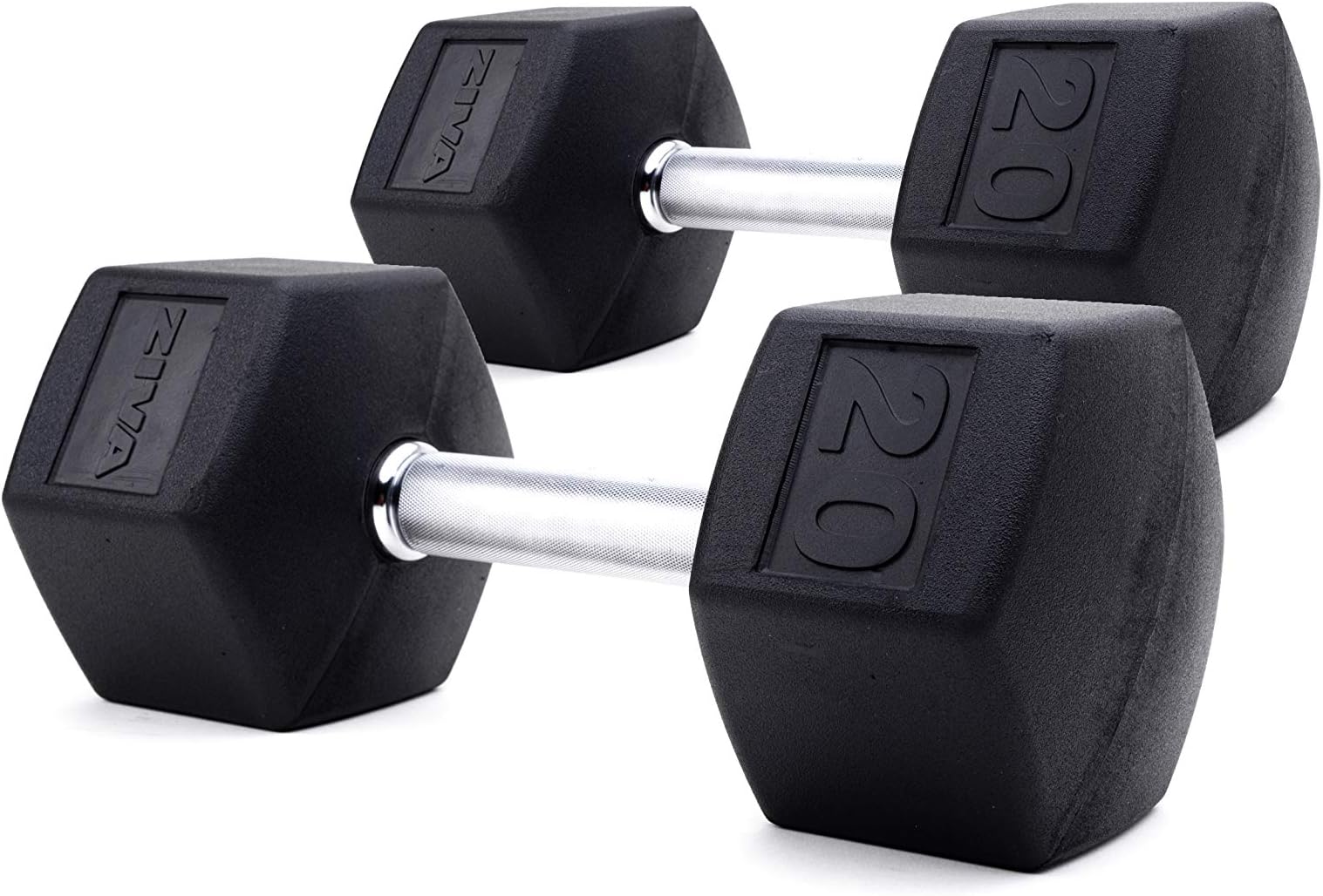 ZIVA Premium Rubber Hex Dumbbell - Commercial Grade Durable Cast Design, Knurled Chrome Grip – Set of Two Dumbbells for Weight Lifting, Strength and Core Training